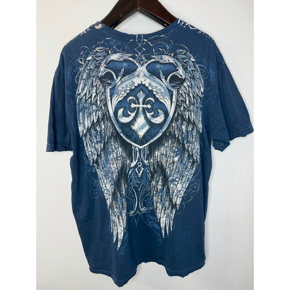AFFLICTION Mens T Shirt Wings and Celtic Cross Blue Distressed Sz 2XL - Picture 4 of 7